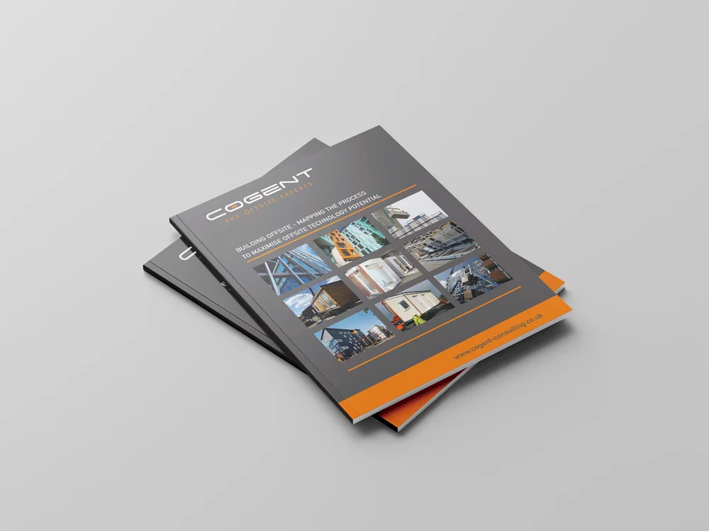 Stack of brochures titled "COGENT: Building Style," featuring construction imagery and a website link.