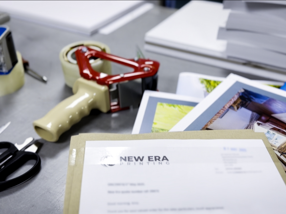 Workspace with office supplies including a tape dispenser, scissors, printed photographs, and a letterhead envelope labeled "NEW ERA PRINTING."