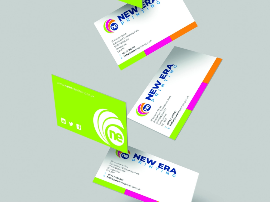 Four business cards for New Era Printing, featuring contact details and colorful branding.
